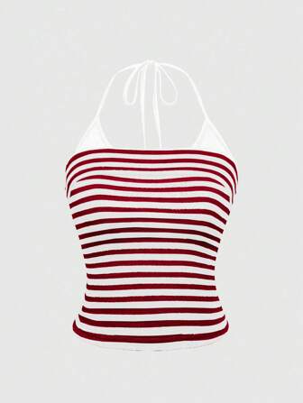 Grunge Punk Top halter con escote en V a contraste de rayas sexy para mujeres, versátil