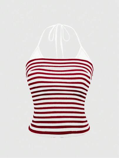 Grunge Punk Sexy gestreiftes Frauen V-Ausschnitt Kontrast Farbiges Träger Top, Vielseitig