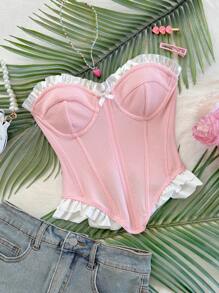 Soleia Women's Pink Textured Knit Jacquard Ruffle Trim Bustier Corset Top, Vacation Style