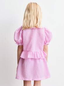 SHEIN 小女孩条纹泡泡袖衬衫和心形花卉刺绣裙子两件套，夏季 - 彩色 - 查看 2