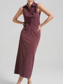 Ontre 2 件套女士夏季套装：无袖背心外套和直筒裙，红棕色配白色条纹，翻领背心，修身剪裁，优雅都市，简约通勤风格，适合夏季、教师节、派对装