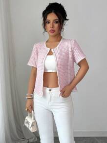 Elenzga Pink Plaid Pattern Cardigan For Women, Spring/Summer - Pink - View 5