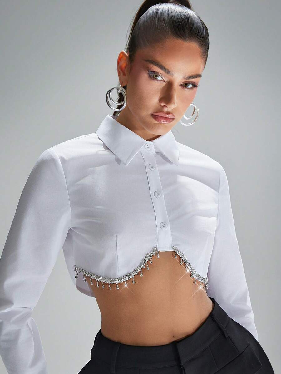 Denimoi Rhinestone Fringe Cropped Collared Shirt Button Down Shirt Rhinestone Detail Crop Top Office Wear Workwear Fashionable Poplin Shirt - White - View 1