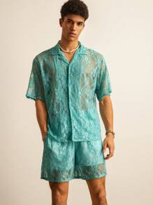 Manfinity VCAY 2pcs Men's Set Lace Floral Print Band Collar Shirt & Elastic Waist Loose Shorts