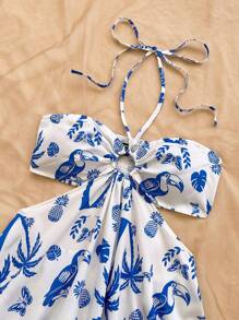 Soleia 浪漫热带植物与鸟类图案女士收腰镂空度假连衣裙，蓝色和白色