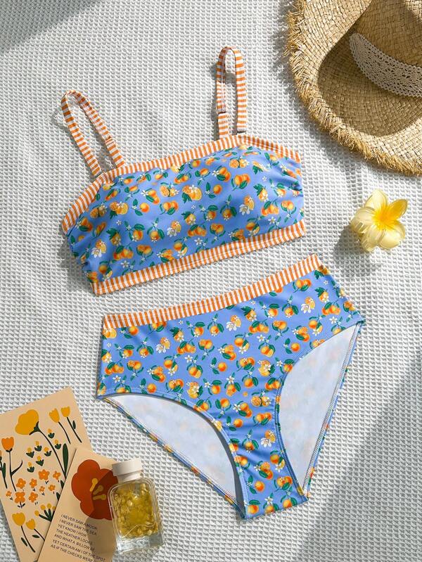 SHEIN Swim Curve Plus Size Women 2pcs/Set Blue Fruit Print Bra Top + High Waist Printed Pants 3pcs Suit, Summer Beach Vacation
