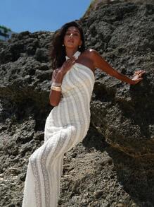Opulessa Solid Color Knit Lace Halter Neck Backless Mermaid Tail Fitted Dress For Women - White - View 5