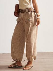 Bohemela Boho Women's Low Waist Elastic Cuffed Casual Pants With Pockets Woman Pants Petite In Woman Clothing Women Pants Women Clothing Pants Summer Outfits For Women - Mocha Brown - View 5