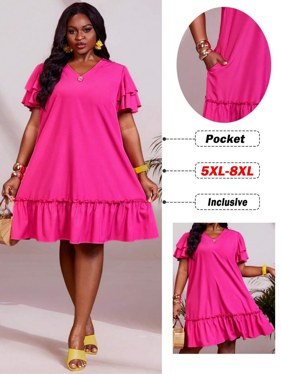 SHEIN CURVE+ Plus Size V-Neck A-Line Knee-Length Ruffle Sleeve Romantic Hem Metallic Button Commute Spring/Summer Lightweight Vacation Dress, Burgundy, Curve Plus, Boho Vacation, Flowy Dress, Sun Dresses For Womenbeach Outfits For Woman/Beach Dress/Beach Vacation Outfits/Beach Essentials / Graduation/Tea Party Dress - Hot Pink - View 1
