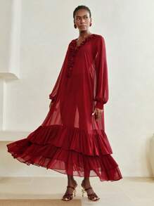 Arave 法式荷叶边中长连衣裙，优雅淑女休闲连衣裙