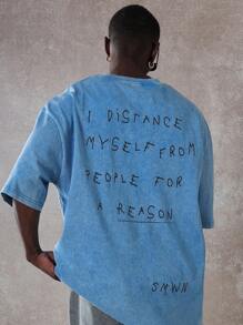 SUMWON Oversized Statement T-Shirt Lifestyle Philosophy Print Soft Washed Cotton Summer Casual Street Style Urban Fashion Aesthetic Unisex Top - Blue - View 1