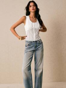 Poéselle Débardeur casual d'été sans manches avec broderie ajourée et fermeture devant pour femmes - Blanc - Voir 5