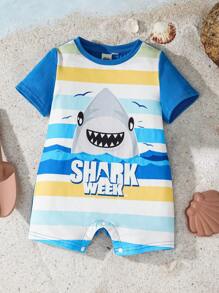 Shark Week X SHEIN Baby Boy Cartoon Shark Print Yellow White Striped Blue Cute Romper For Spring And Summer - Blue - View 1