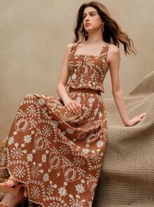 Anewsta 法式度假优雅复古碎花上衣，荷叶边下摆，刺绣半身裙套装，适合春季、夏季、节日、毕业典礼