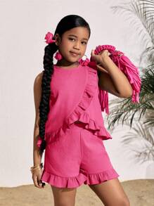 SHEIN Leap Crew 青少年女孩夏季度假圆领荷叶边上衣和荷叶边短裤两件套