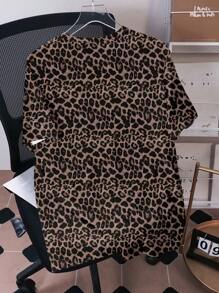 Oversized Teen Girl Casual Minimalist Leopard & New York English Graphic Knitted T-Shirt, Suitable For Summer - Multicolor - View 2