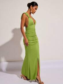 COSMINA 女士优雅褶饰连衣裙，适合春夏季派对和节日穿着 - 綠色 - 查看 3