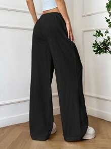 SHEIN EZwear 女式轻盈黑色梭织阔腿休闲裤，夏季 - 黑色 - 查看 2