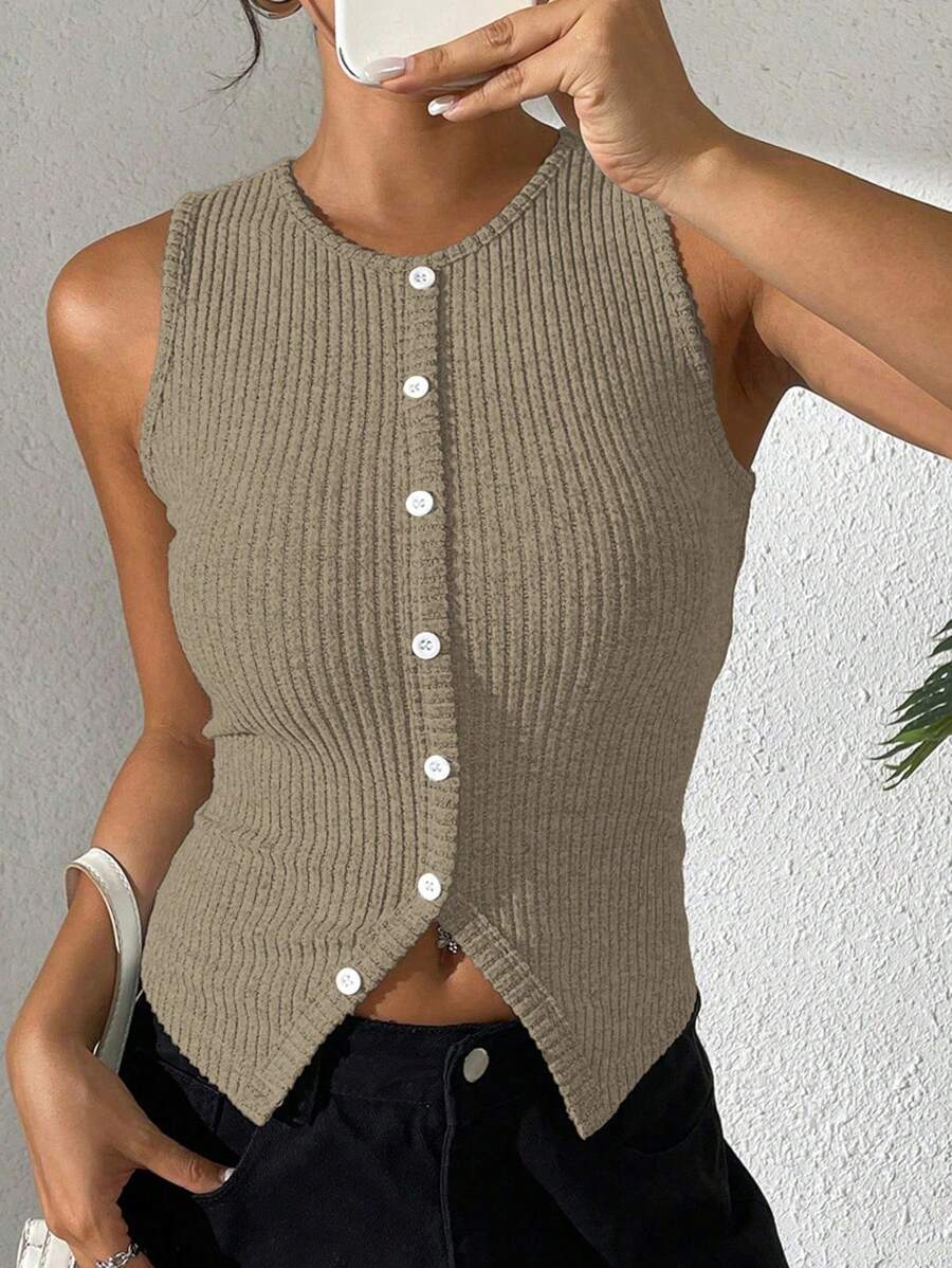 Chiquease Women's Casual Ribbed Tight-Fitting Crop Top With Side Slit