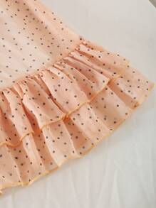 SHEIN Tween Girls' Elegant Fashion Ladylike Round Neck Sleeveless 3D Bow Ruffle Edge Polka Dot Chiffon Short Dress - Khaki - View 4