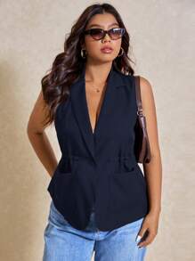 Elaquor Plus Size Women's Solid Color Irregular Lapel Double Pocket Sleeveless Blazer