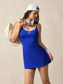 VARSITIE Women Summer Casual Contrast Trim Letter Print Backless Sport Dress