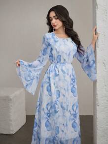 Graceveil Đầm dài tay loe cổ tròn in họa tiết thanh lịch cho nữ dự tiệc cưới - Màu xanh lam - Xem 7