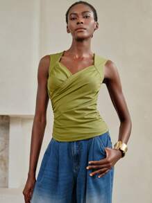 Aveloria 女式绿色交叉褶皱设计背心，夏季，双层褶皱方领百搭背心，春夏季，女士夏季服装