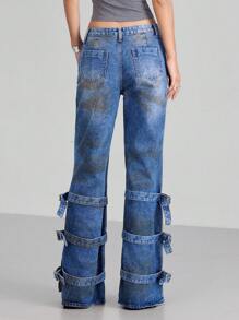 LYSMO Jeans casual a zampa con tasche e design con fibbia regolabile per donna