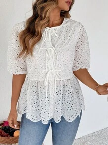 SHEIN Clasi Curvy Plus Size Women's Daily Casual Elegant Romantic White Embroidered Bubble Short Sleeve Bow Knot-Up Shirt,Summer Outfits For Women,Vacation Outfits Women,Women Summer Clothes,Going Out Tops Women,Cute Summer Tops,Women Clothing Summer,Business Casual Woman - White - View 1