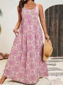 SHEIN VCAY 大码夏季无袖全身印花休闲连衣裙