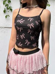 SHEIN Teen Girls' Casual Simple Comfortable Camisole With Bow Pattern - Black - View 5
