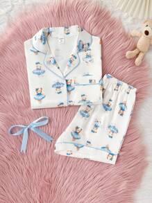 Girls' Bear Print Faux Silk 2pcs Comfy Pajamas Set: Short Sleeve Top & Shorts