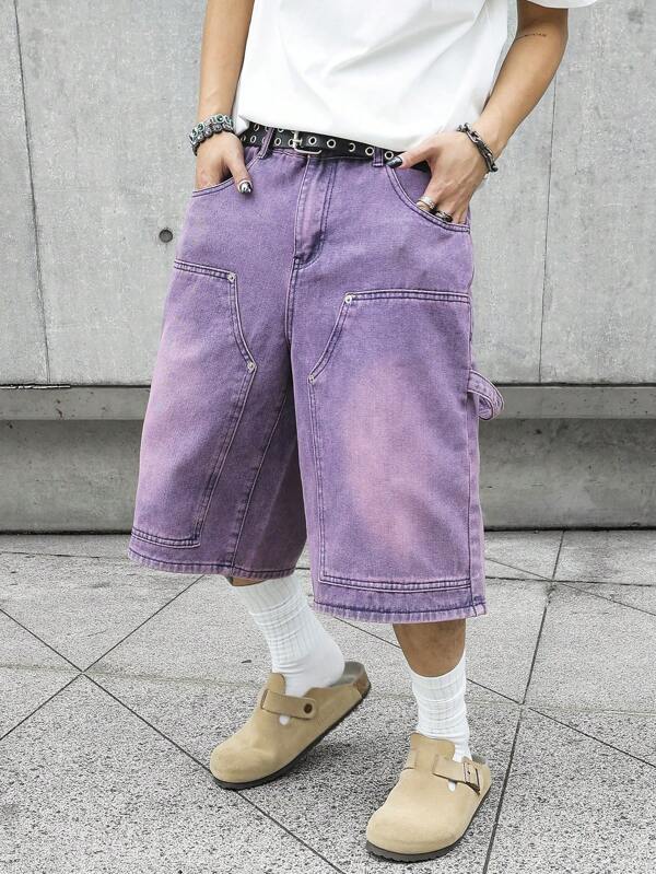 Manfinity EMRG Pantaloni scurți casual din denim cu picior largi pentru bărbați, cu buzunare largi