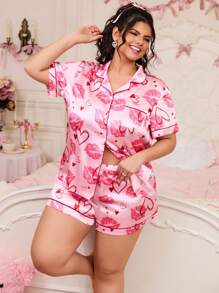 SweetSlumber Conjunto de pijama de satén de talla grande con estampado de corazón y labios