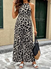 SHEIN Pregnant Women Leopard Print Halter Sleeveless Jumpsuit, Casual Summer - Black - View 7