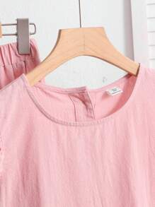 SHEIN 2er Set - Teenager Mädchen Lässig, vielseitig, Alltags-Tauglich, bequeme Bluse mit Rüschensaum & weite gewebte Hose, rosa, geeignet für Zuhause, Sport, Urlaub, Ausflüge, Partys, Dates, Einkaufen, Schule, Schulbeginn