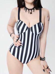 ROMWE Goth Gothic Striped Print Push-Up Underwire One-Piece Swimsuit, Halloween