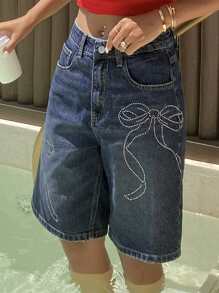 DAZY Women's Summer Loose Bowknot Rhinestone Design Casual Denim Shorts - Dark Wash - View 3