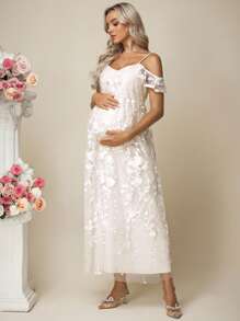 SHEIN Floral Embroidery Mesh Off Shoulder Maternity Sundress - White - View 3
