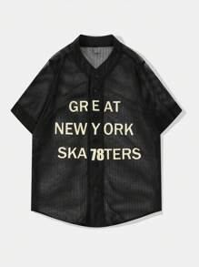 ROMWE MEN Grunge Punk Men's Punk Mesh Slogan Print Short Sleeve Street Style Shirt, Summer