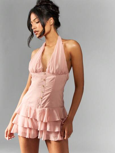 MISSGUIDED 飘逸褶饰深 V 领挂脖紧身胸衣连体裤