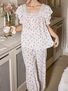 CottageSlumber 浪漫碎花拼布蕾丝花边方领轻盈春夏编织提花短袖睡衣套装节日季