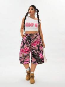SHEIN ICON Pantaloncini di jeans corti e ampi da donna con stampa a rami d'albero, taglie forti, pantaloncini bermuda estivi da donna per festival e stile cowgirl - Multicolore - Visualizzare 6