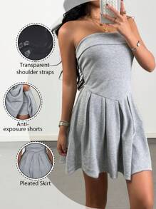SHEIN Tween 女童春夏休闲抹胸褶皱迷你连衣裙，灰色 - DD - 灰色 - 查看 8
