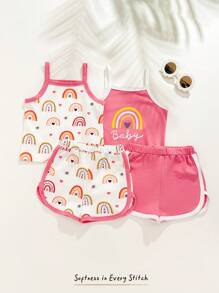 Cozy Pixies 4 Piece Baby Girl Contrast Color Knitted Soft Camisole And Elastic Waist Shorts Set - Multicolor - View 3