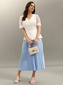 Flouryn Plus Size Summer Casual Solid Color Pleated Skirt - Blue - View 7