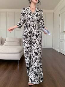 DAZY Mono elegante con bolsillos y cinturón, estampado completo para mujeres