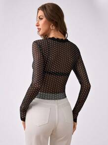SHEIN Clasi Knitted Mesh Classic Polka Dot Pattern V-Neck Long Sleeve Fitted Ladies Blouse
