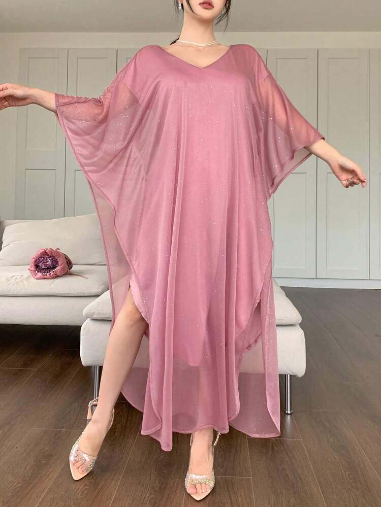 Women's V-Neck Loose Mid-Long Dress, Elegant Style, Summer,Casual Women Dresses